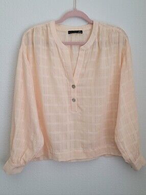 Black Tape Pastel Peach Windowpane Gauze Blouse Cotton Size S Cottagecore Boho